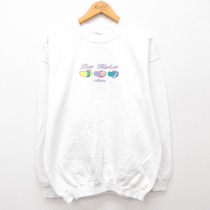 【30%OFF】L/古着 長袖 スウェット メンズ 00s バーハーバー サンダル 刺繍 クルーネック 白 ホワイト 24aug26 中古 スエット トレーナ 3OF