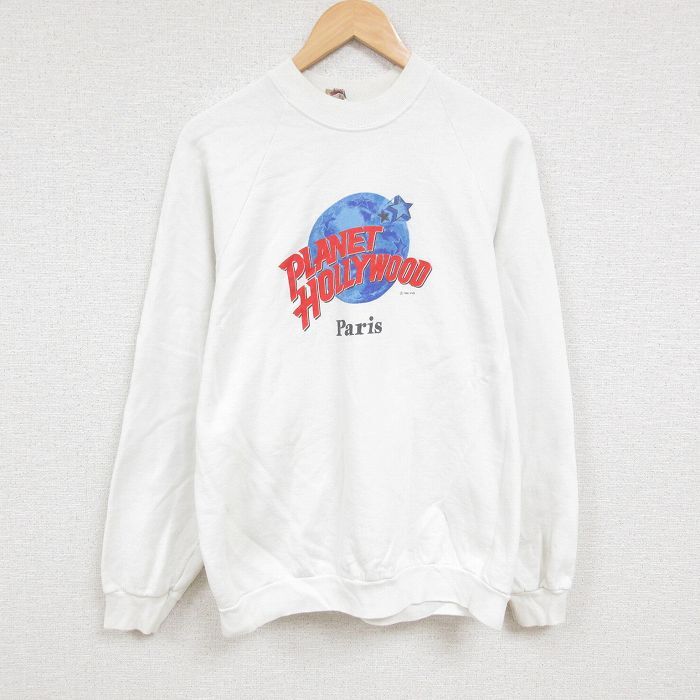 【30%OFF】L/古着 長袖 スウェット メンズ 90s プラネットハリウッド ラグラン クルーネック 白 ホワイト 23dec05 中古 スエット トレ 3OF