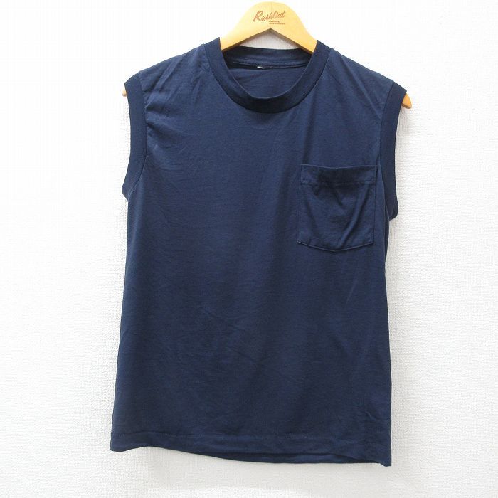 【30%OFF】M/古着 ビンテージ ノースリーブ Tシャツ メンズ 90s 無地 胸ポケット付き クルーネック 濃紺 ネイビー 24jun20 中古 3OF