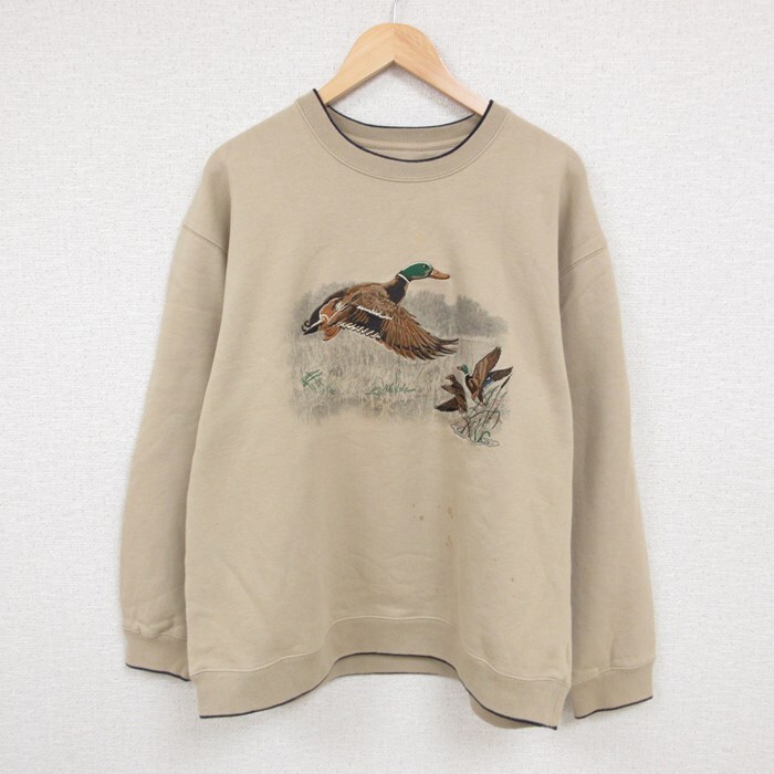 【30%OFF】XL/古着 長袖 スウェット メンズ カモ 刺繍 クルーネック ベージュ カーキ 23nov01 中古 スエット トレーナー トップス 3OF