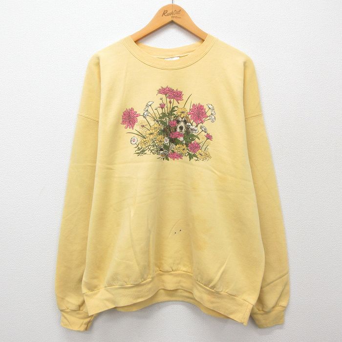 【30%OFF】XL/古着 ヘインズ 長袖 スウェット メンズ 00s 犬 花 大きいサイズ クルーネック 黄 イエロー 24sep09 中古 スエット トレー 3OF