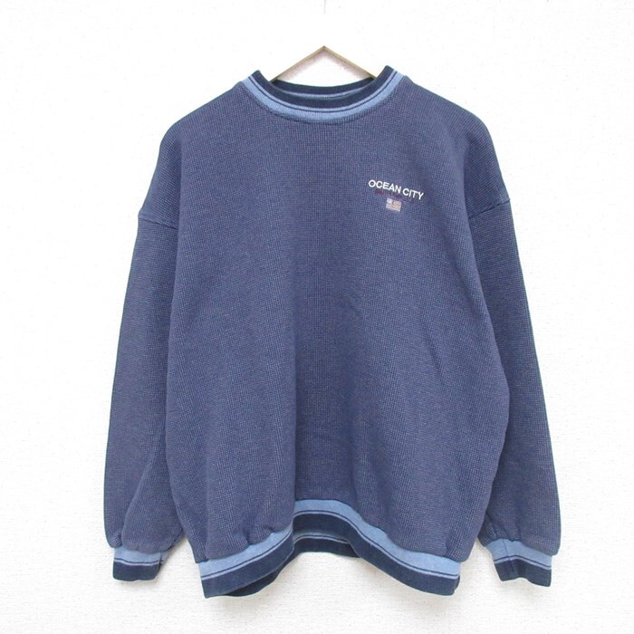 【30%OFF】XL/古着 長袖 スウェット メンズ 90s オーシャンシティ メリーランド 星条旗 サーマル クルーネック 紺 ネイビー 24jan05 中 3OF