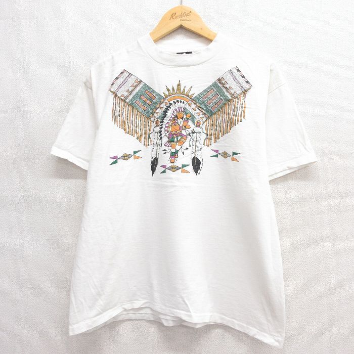 【30%OFF】XL/古着 半袖 ビンテージ Tシャツ メンズ 90s インディアン ネイティブ柄 ラメ コットン クルーネック 白 ホワイト 24mar14 3OF