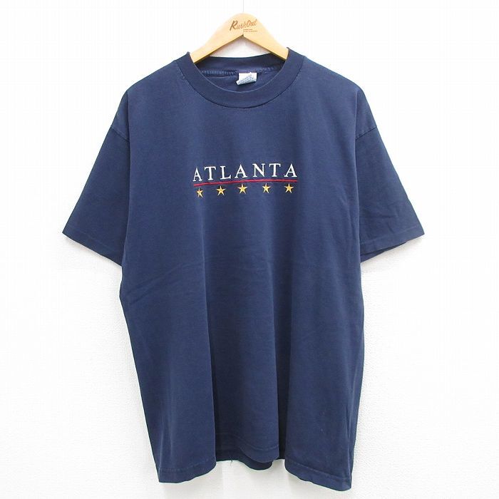 【30%OFF】XL/古着 半袖 ビンテージ Tシャツ メンズ 90s アトランタ 刺繍 大きいサイズ コットン クルーネック 紺 ネイビー 24apr24 中 3OF