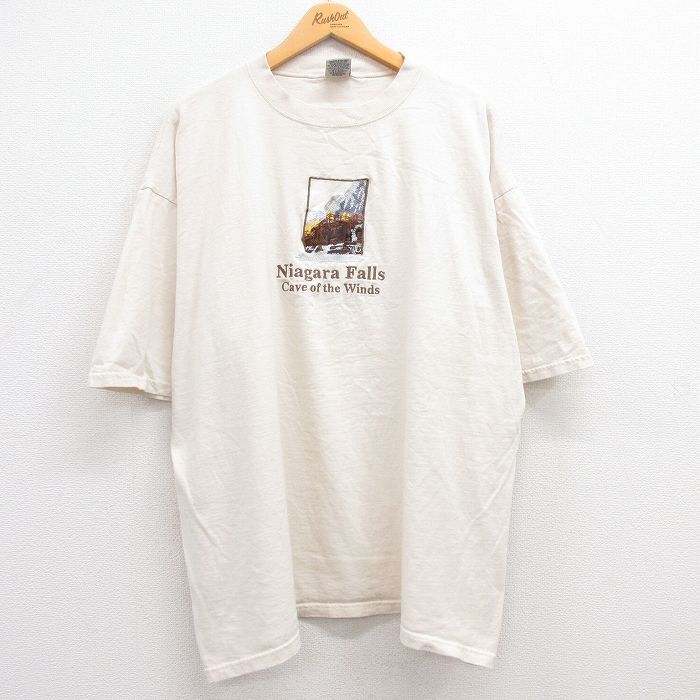 【50%OFF】XL/古着 半袖 ビンテージ Tシャツ メンズ 00s ナイアガラの滝 刺繍 大きいサイズ コットン クルーネック 生成り 23jul20 中 5OF