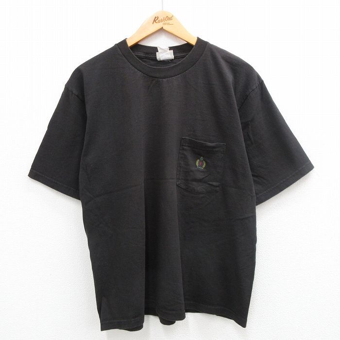 【30%OFF】XL/古着 ビューグルボーイ 半袖 ビンテージ Tシャツ メンズ 90s ワンポイントロゴ 胸ポケット付き コットン クルーネック 黒 3OF