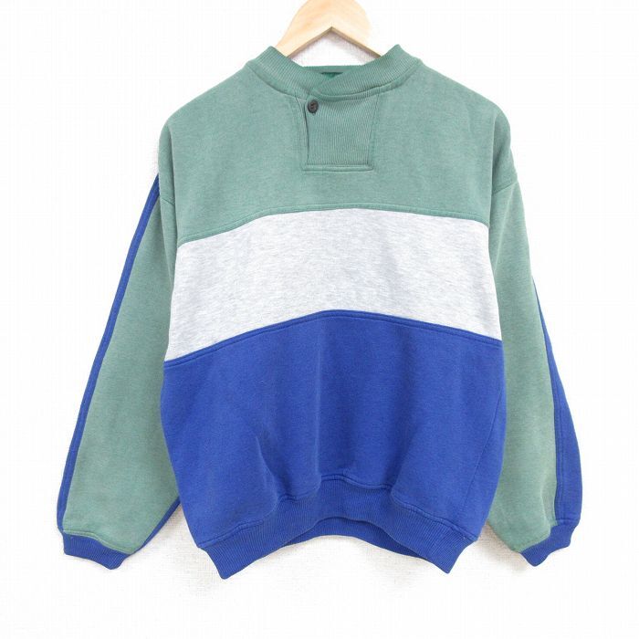 【30%OFF】XL/古着 長袖 スウェット メンズ 90s マルチカラー ラグラン ヘンリーネック 緑系他 グリーン 霜降り 24jan29 中古 スエット 3OF