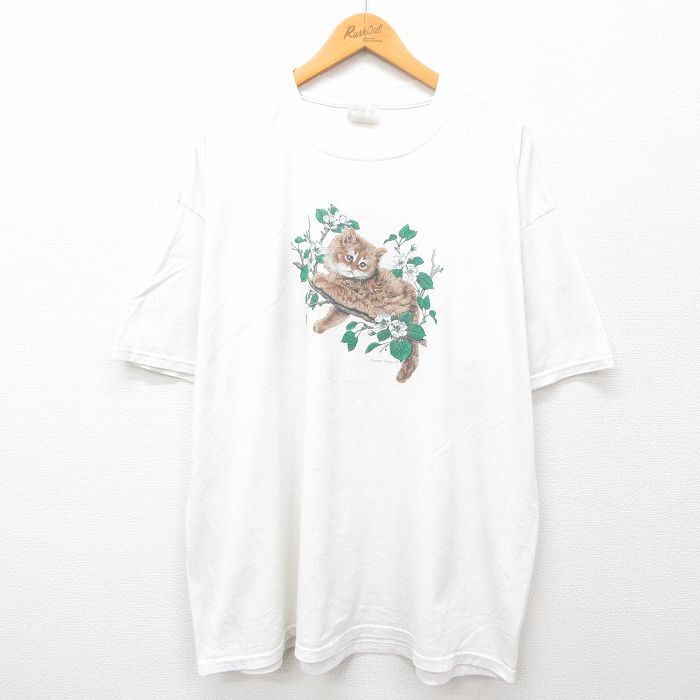 【30%OFF】XL/古着 ジャージーズ 半袖 ビンテージ Tシャツ メンズ 00s ネコ 花 大きいサイズ クルーネック 白 ホワイト 24jul16 中古 3OF