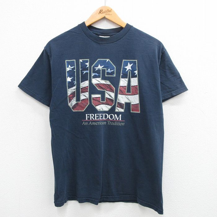 【30%OFF】XL/古着 半袖 ビンテージ Tシャツ メンズ 00s 星条旗 USAロゴ コットン クルーネック 紺 ネイビー 24may11 中古 3OF