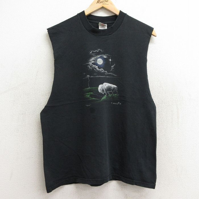 【30%OFF】L/古着 フルーツオブザルーム ビンテージ ノースリーブ Tシャツ メンズ 90s バッファロー コットン クルーネック 黒 ブラッ 3OF