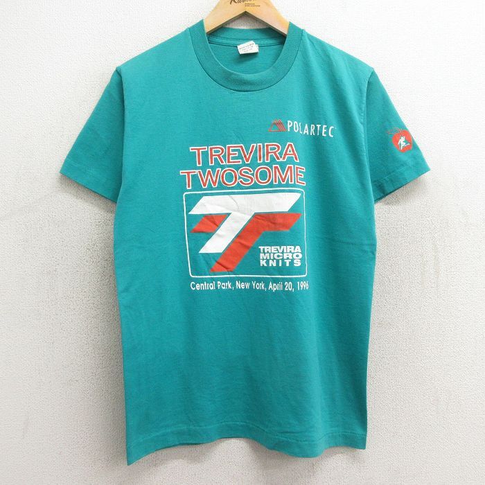 【30%OFF】M/古着 半袖 ビンテージ Tシャツ メンズ 90s TREVIRA TWOSOME ポーラテック マラソン クルーネック 青緑 24mar11 中古 3OF