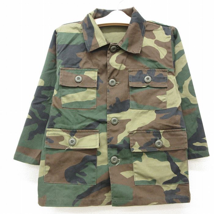 古着 長袖 ミリタリー ジャケット キッズ ボーイズ 子供服 ウッドランドカモ 緑他 グリーン 迷彩 24dec26