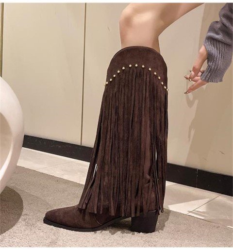  high boots Western fringe rivet long boots [37]23.5cm Brown 