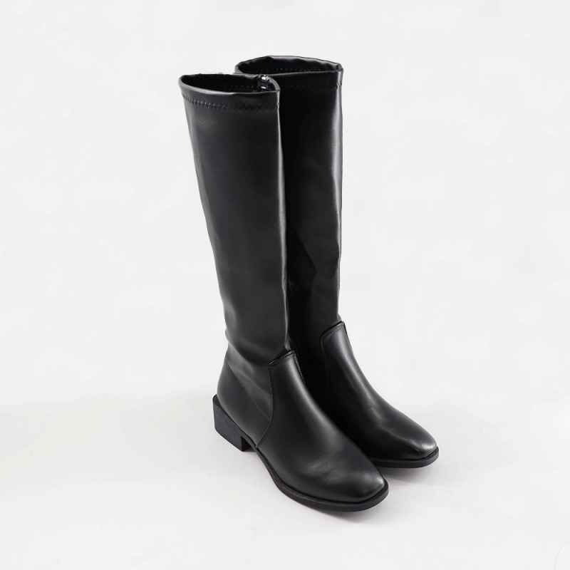  knee high boots lady's long height square Turow heel imitation leather leather style 25.0cm(40) black 