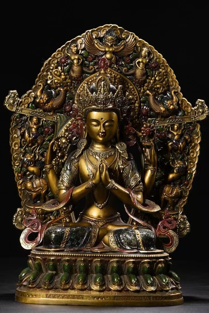 旧蔵 清代・古銅彩色四臂観音仏像 古銅器 唐物 中国古