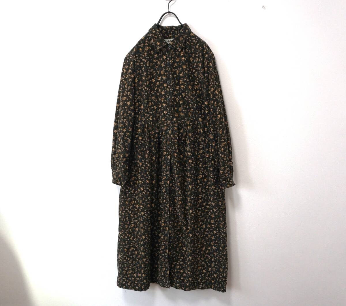 80s-90s L.L.BEAN アンティークフラワー コーデュロイ前アキワンピース 12(L位)