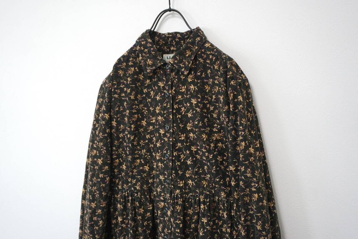 80s-90s L.L.BEAN アンティークフラワー コーデュロイ前アキワンピース 12(L位)