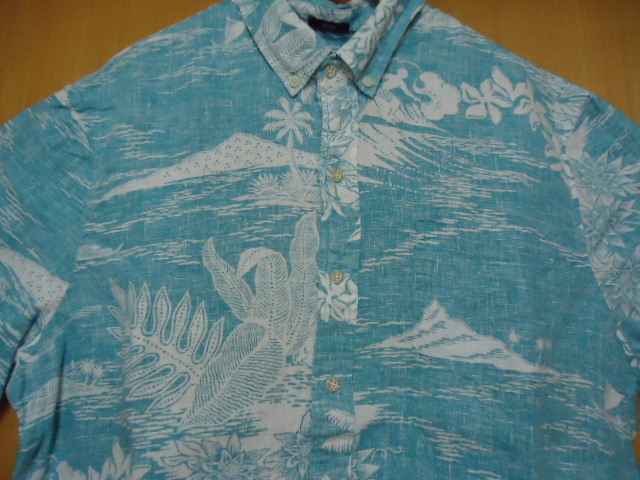 即決 ハワイ reyn spooner レインスプーナー アロハシャツ ブルーグリーン色 風景 花・葉っぱ・レイ柄 M31 CLASSIC FIT 麻素材_画像1
