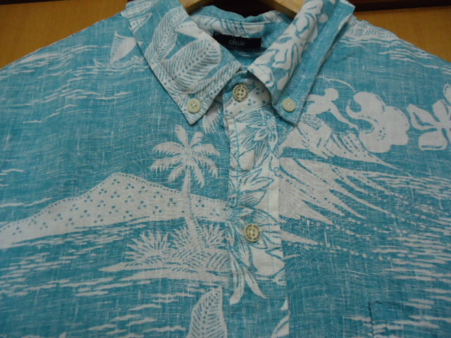 即決 ハワイ reyn spooner レインスプーナー アロハシャツ ブルーグリーン色 風景 花・葉っぱ・レイ柄 M31 CLASSIC FIT 麻素材_画像3