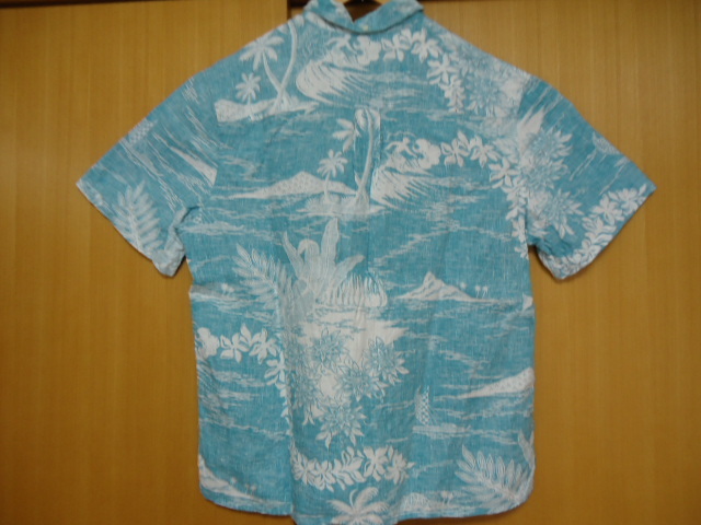 即決 ハワイ reyn spooner レインスプーナー アロハシャツ ブルーグリーン色 風景 花・葉っぱ・レイ柄 M31 CLASSIC FIT 麻素材_画像6