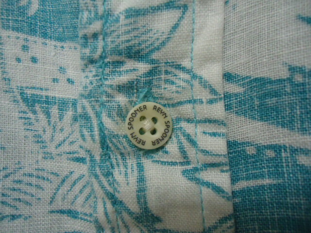 即決 ハワイ reyn spooner レインスプーナー アロハシャツ ブルーグリーン色 風景 花・葉っぱ・レイ柄 M31 CLASSIC FIT 麻素材_画像5