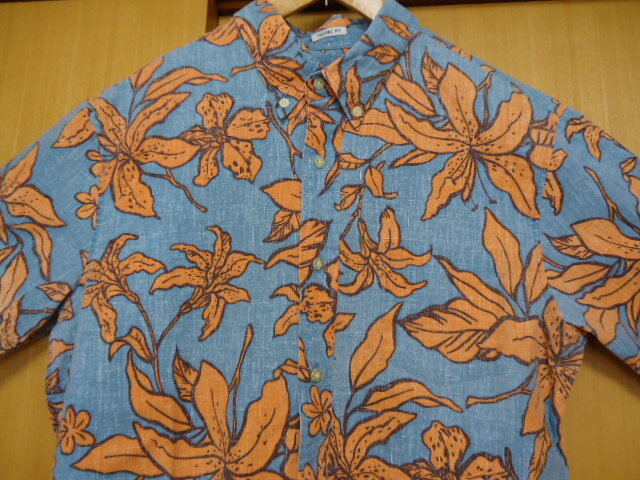 ハワイ　reyn spooner　レインスプーナー　アロハシャツ　水色　花・葉っぱ柄　M～L　Ｌ55　TAILORED FIT