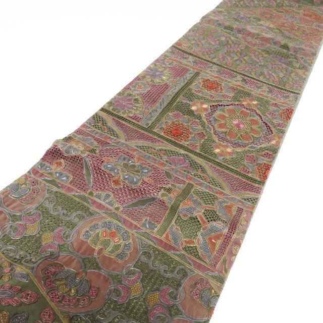 ★きもの北條★ 汕頭刺繍　スワトウ　相良刺繍　中国刺繍　花模様　仕立て上がり　全通　中古　正絹　袋帯　T741-11