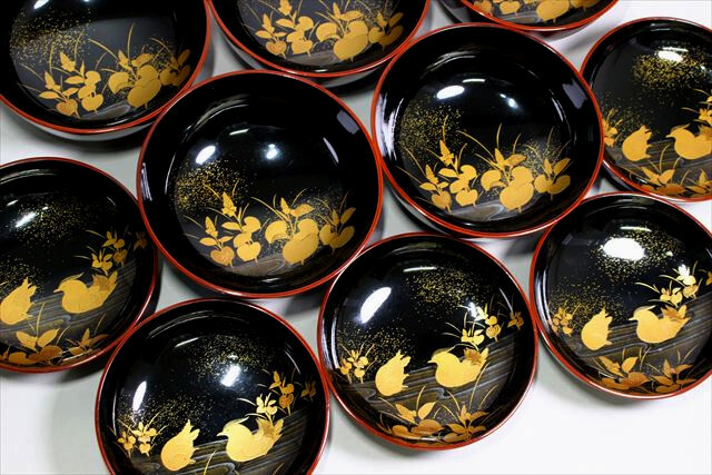 福袋 大丸 ☆名品 波千鳥蒔絵煮物椀五客 研出蒔絵 高蒔絵 天然木漆塗|漆芸 椀
