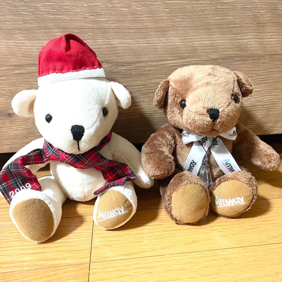 アムウェイ テディベア amway クマ 2体セット★ぬいぐるみ ノベルティ スワロフスキー クリスタルガラス クリスマス サンタクロース 白 茶
