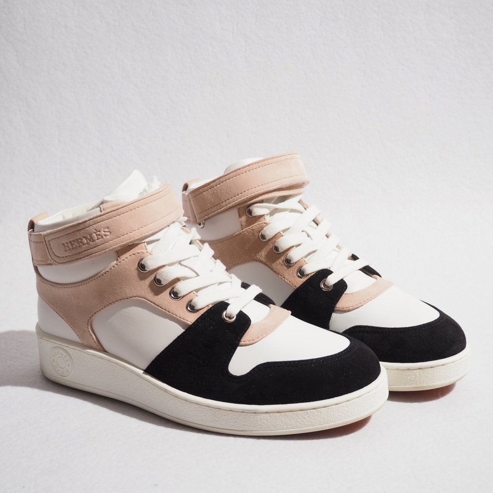 P3515P　▼HERMES エルメス▼　FREE フリースタイル ハイカット レザースニーカー ホワイト ブラック ピンク 37.5/23.5～24cm rb mks