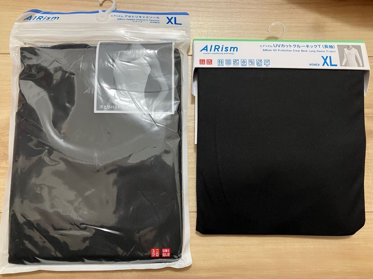 新品!!ユニクロ☆エアリズム アセトリキャミソール、UVカット クルーネックT(長袖) 各XLサイズ ブラック☆汗とりパッド付き WOMEN UNIQLO