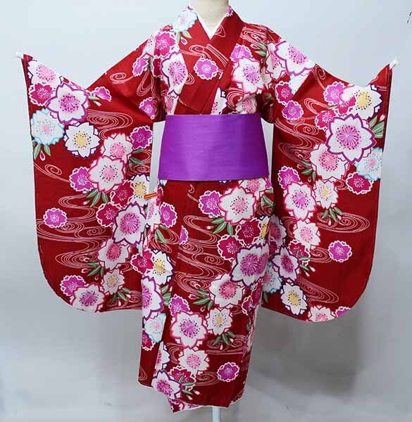 二尺袖着物 単品 仕立て上がり 小紋 着物丈は着付けし易いショート丈 深紅色 卒業式 新品（株）安田屋 NO41376-03