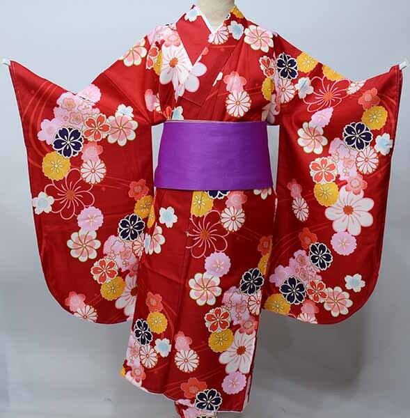 二尺袖着物 単品 仕立て上がり 小紋 着物丈は着付けし易いショート丈 赤色 卒業式 新品（株）安田屋 NO41405-03