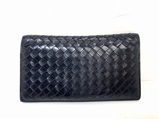 送料無料★ ボッテガ ヴェネタ BOTTEGA VENETA イントレチャート レザー 長財布 小銭入れ付き 鑑定済み ブラック