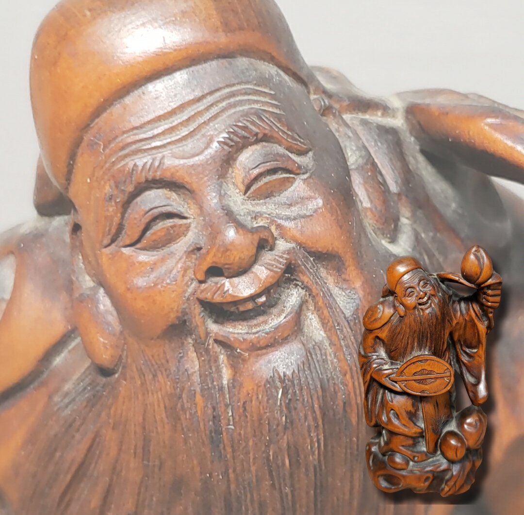 木彫り 桃仙人 桃源郷 寿老人 縁起物 桃 扇 置物 ヴィンテージ