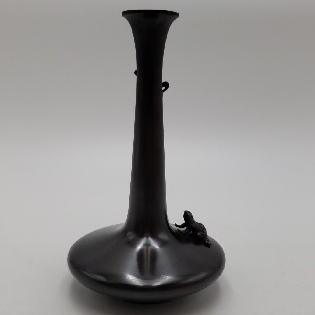 瑞峰作 花器 平寛通形 蛙付 青銅器 鋳銅 高さ20.5cm 高岡銅器 共 瑞峰作 花器 平寛通形 蛙付 青銅器 鋳銅 高さ20.5cm 高岡銅器 共