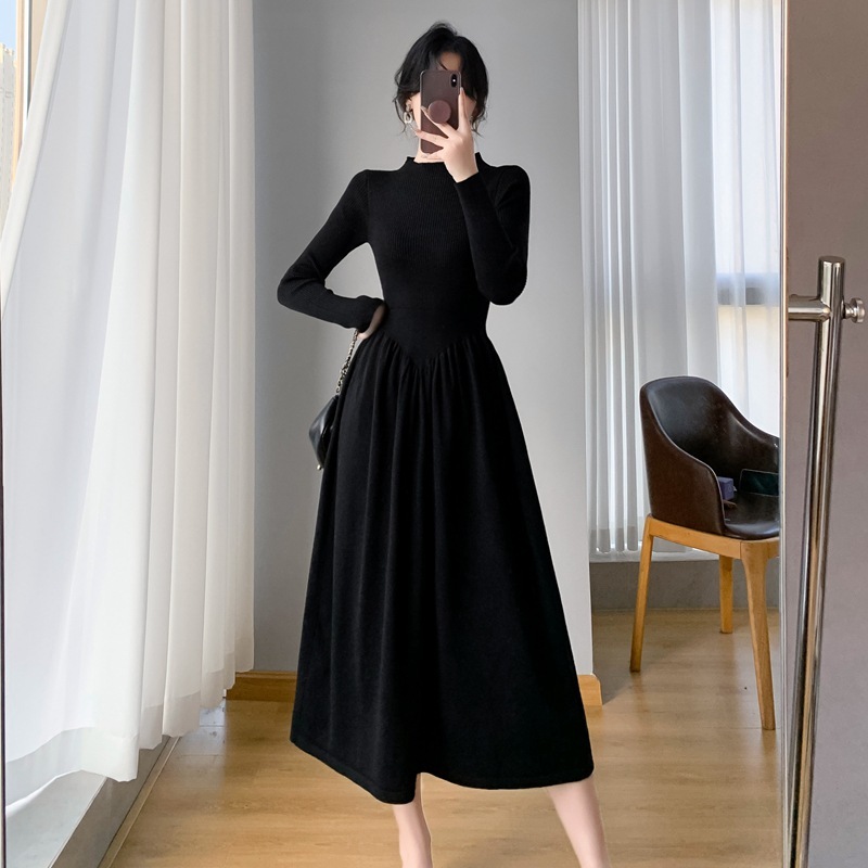 人気品 ニットワンピース ロングワンピース ワンピース 細見え 伸縮性抜群 ニット ロング丈 Aライン 通勤 オシャレ 黒