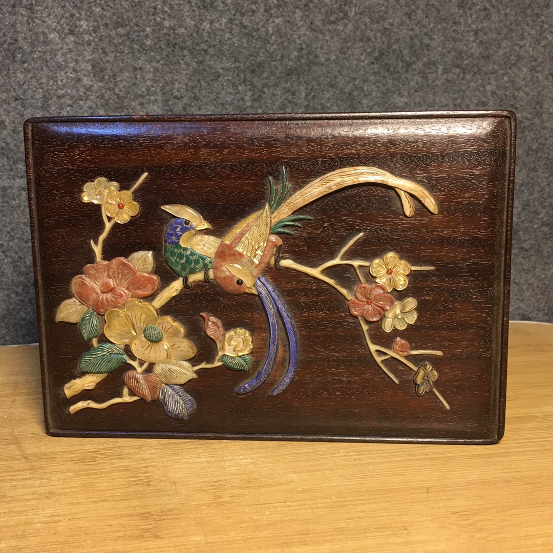 *珍品旧蔵* 清代 大葉黄花梨 モザイク百宝 ケース 時代物 擺件 置物 賞物 唐物 古美術品 中国古玩 K1226 木工・竹工芸