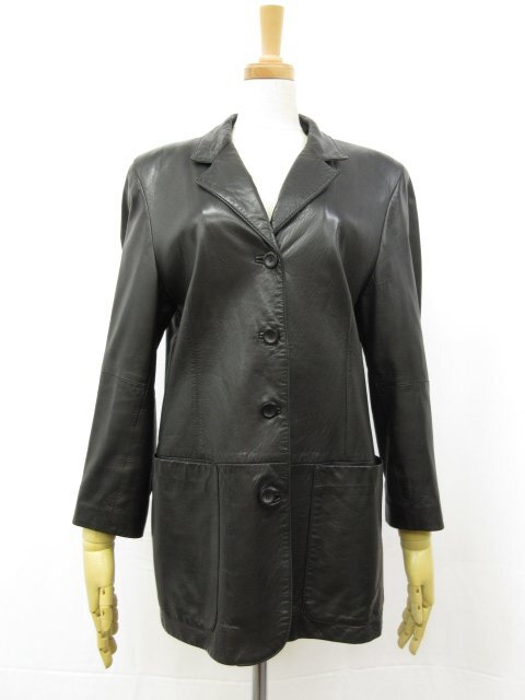 美品【FRATELLI ROSSETTI フラテッリロセッテ?！骏伐螗哎?ボタン ロングレザージャケット (レディース) size44 ブラック □17LJ1281□