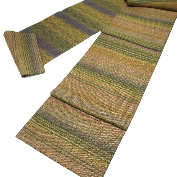 袋帯 変わり織 全通柄 黄茶 緑 薄紫 ピンク 多彩 段霞 中古 kp1724 袋帯 変わり織 全通柄 黄茶 緑 薄紫 ピンク 多彩 段霞 中古 kp1724