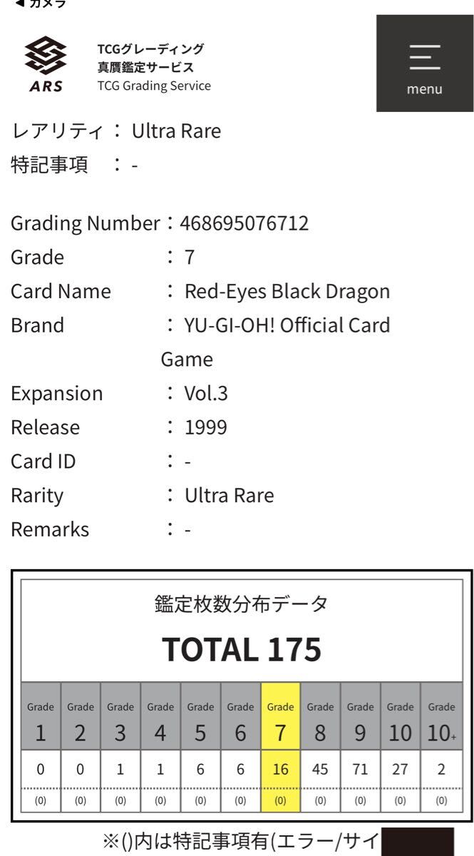 ARS鑑定7】真紅眼の黒竜 初期 ウルトラレア Vol.3 1999年 遊戯王 ARS鑑定7】真紅眼の黒竜 初期 ウルトラレア Vol.3 1999年 遊戯王