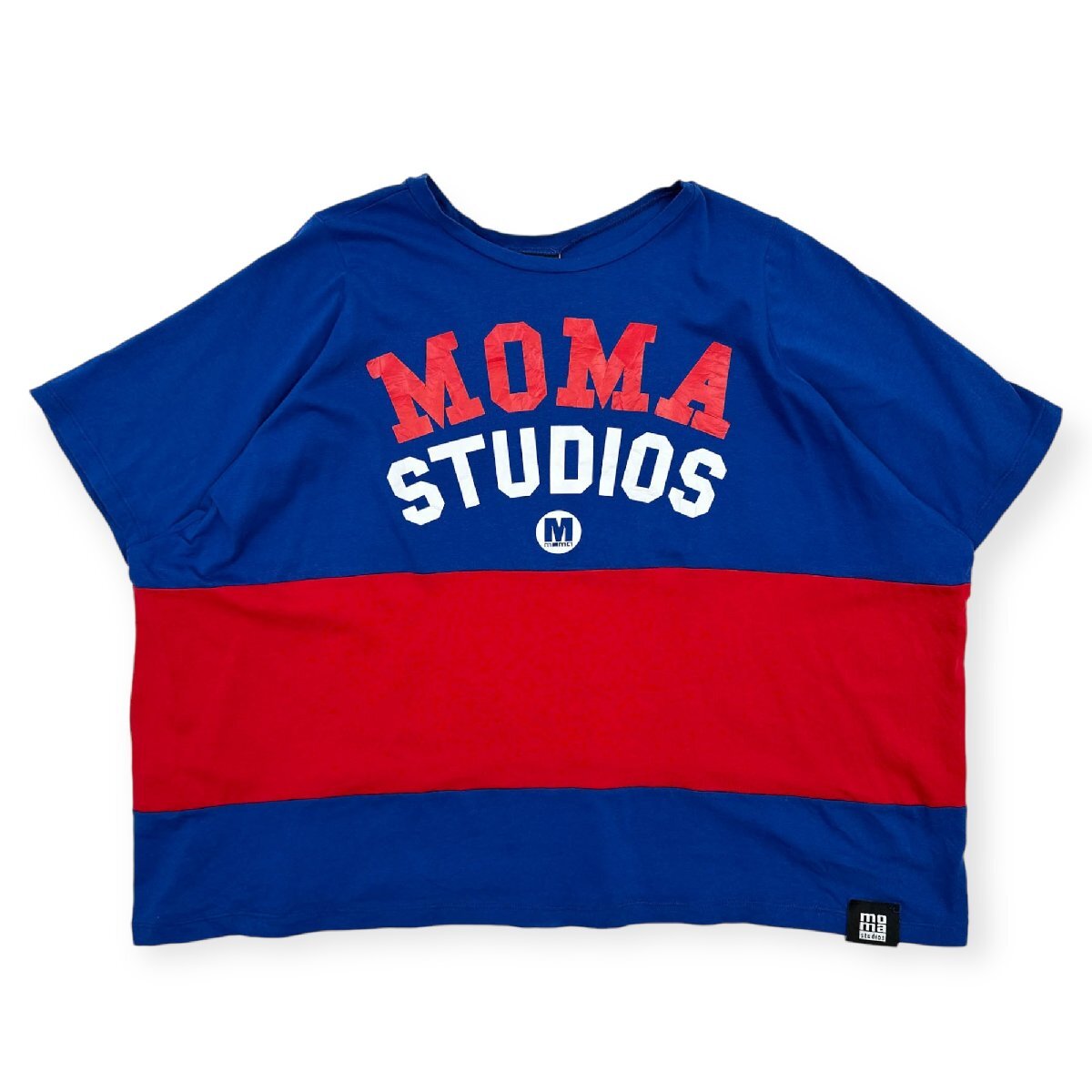 イタリア製◆MOMA STUDIOS モマスタジオ ロゴプリント ボーダー柄 ワイド 半袖Tシャツ /ブルー×レッド/ストレッチ/ダンス
