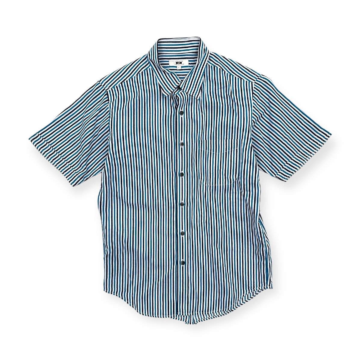 JOSEPH ABBOUD ジョセフアブード ストライプ リネン混 半袖シャツ L/ブルーグリーン ブラック ホワイト/メンズ/オンワード樫山
