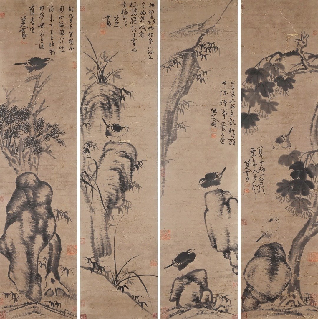 □大成美術□ 八大山人書 紙本 山石鳥雀図四条屏 検 清代書画家 □大成美術□ 八大山人書 紙本 山石鳥雀図四条屏 検 清代書画家