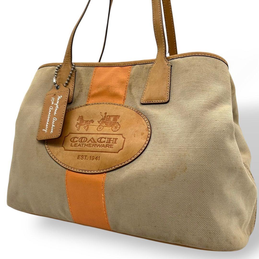 coach コーチ トートバッグ デカロゴ　T4 ベージュ がま口　ハンプトンズ