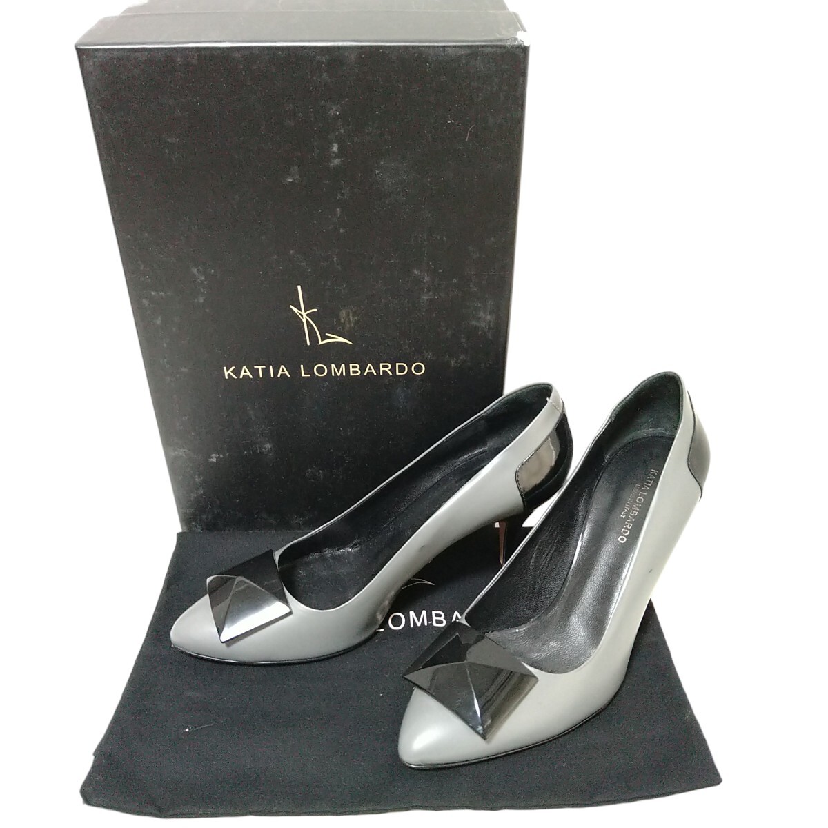 ※Q 【箱付き】 KATIA LOMBARDO カティアロンバード レザーヒールパンプス グレー ブラック イタリア製 表記37 23.5cm相当