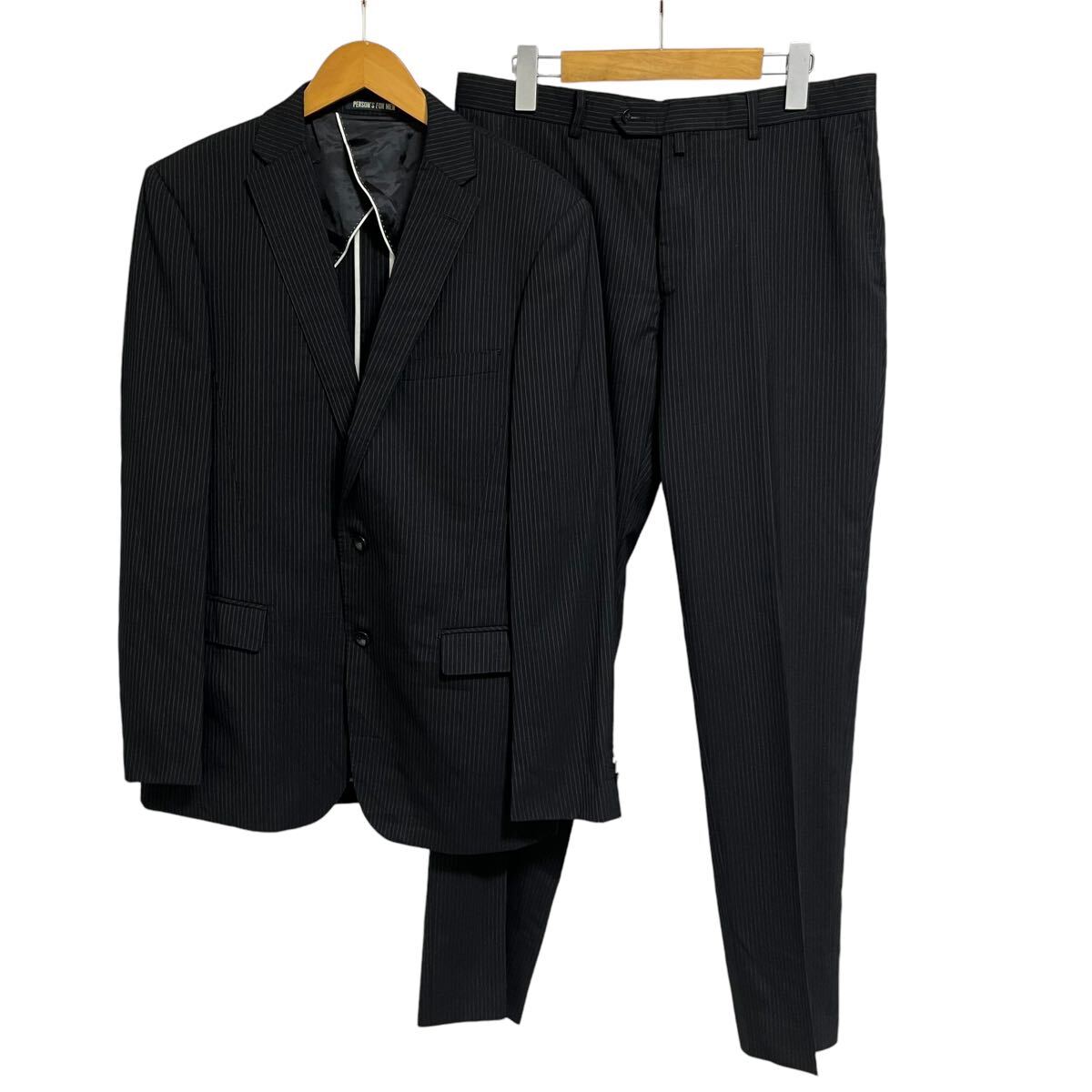 ※2 PERSON'S FOR MEN パーソンズ メンズセットアップ スーツ 2Bジャケット スラックス ブラック ピンストライプ ウール メンズL〜XL相当