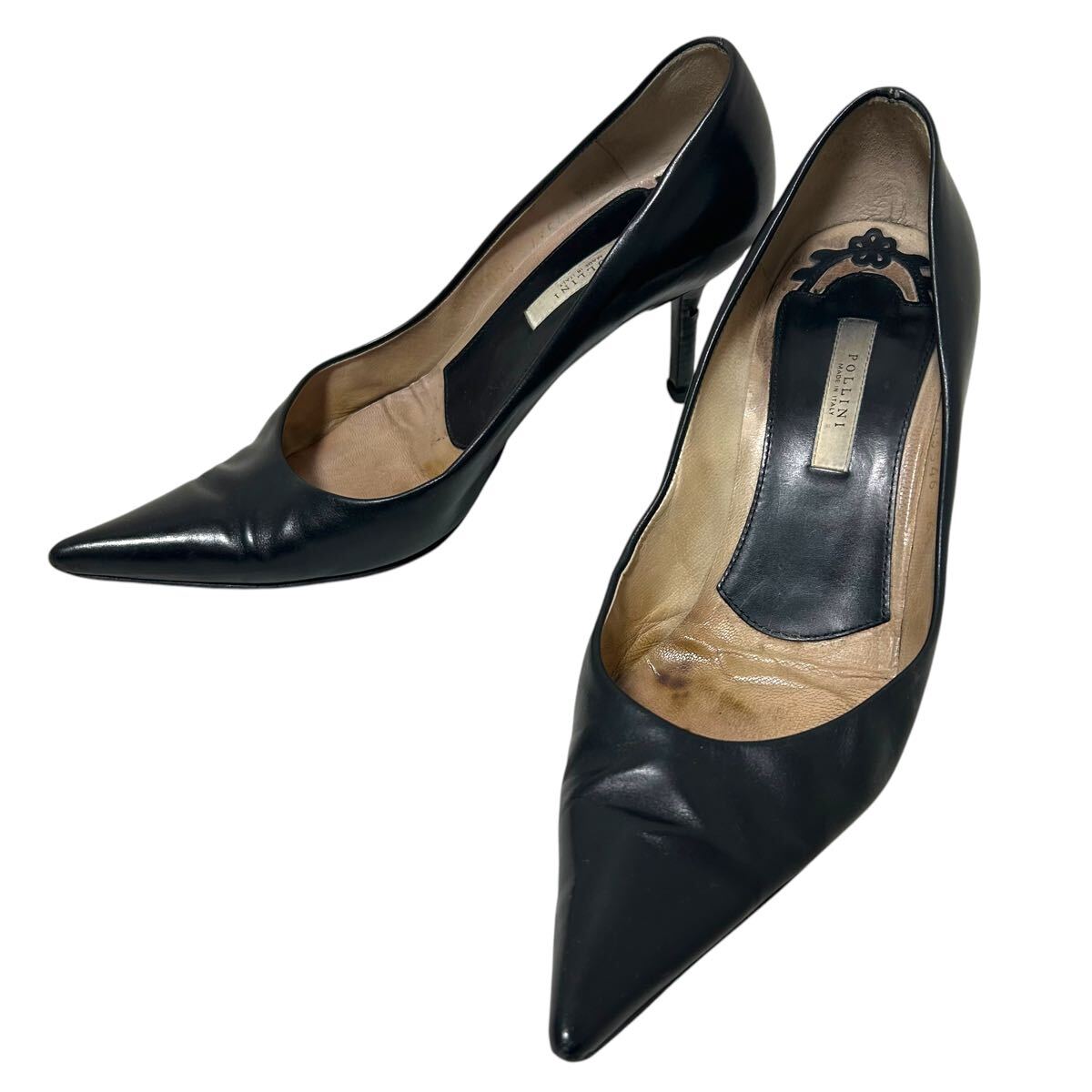 ※PP POLLINI(ポリーニ) ヒールレザーパンプス ポインテッドトゥ ブラック 表記36.5(23.5cm相当)