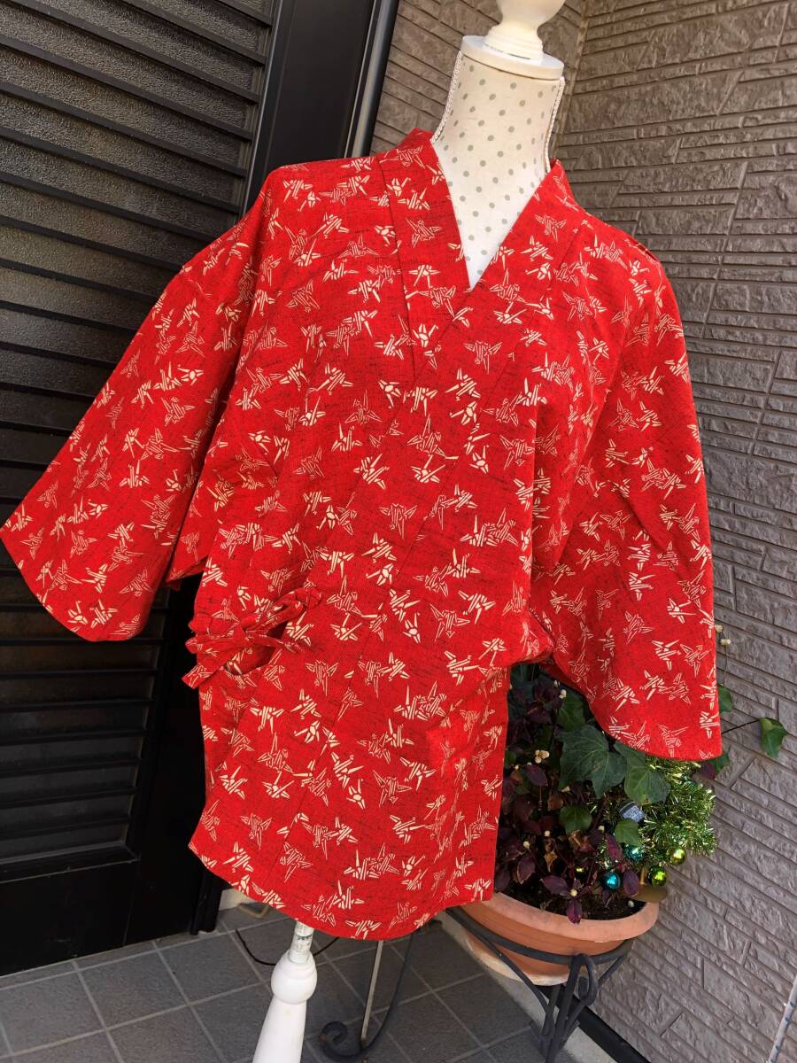 着物　和服　羽織り　折り鶴柄　半纏　半天　美品　ウール＆綿　送料230円　単衣　ポケット付き
