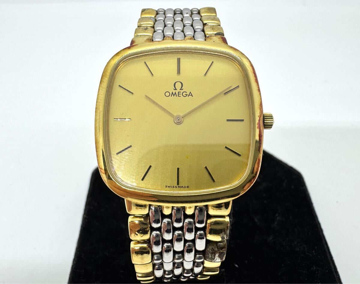 OMEGA DeVille オメガ デビル クオーツ QZ ゴールド文字盤 アンティーク ヴィンテージ メンズ腕時計 スクエア 純正ベルト